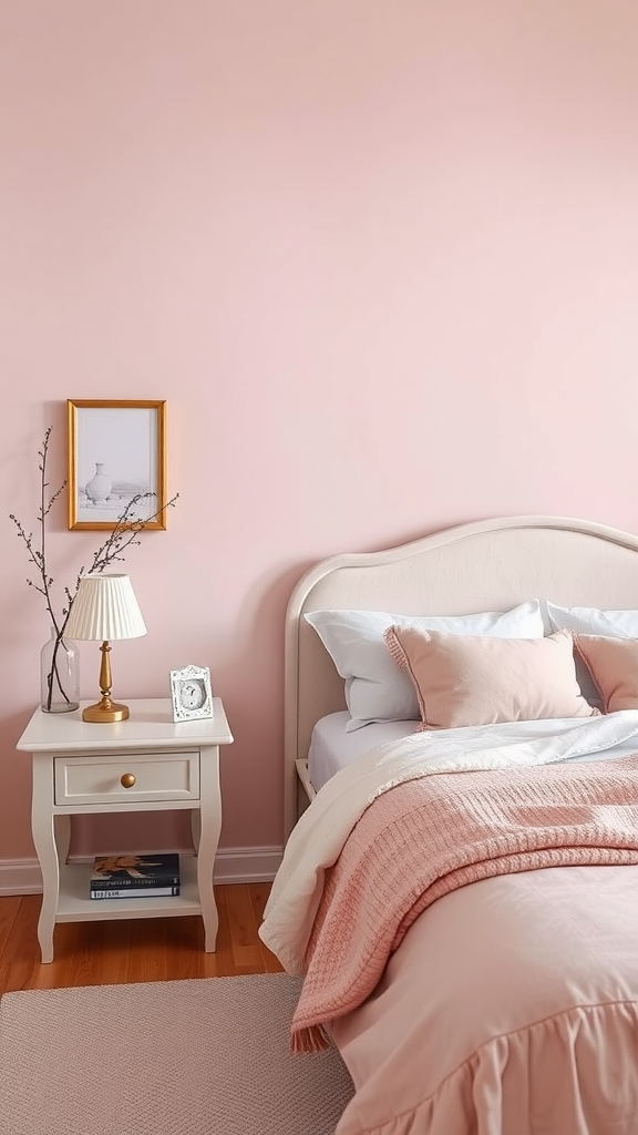 Cozy light pink bedroom with a charming bedside table