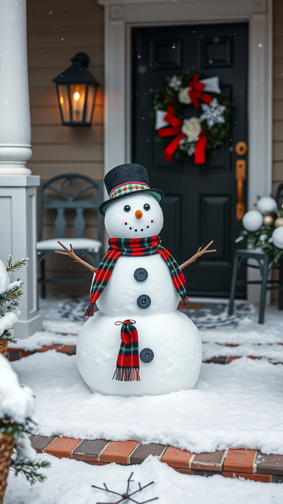 A cheerful snowman dressed in a plaid scarf and top hat, standing on a snowy porch with a festive wreath on the door.