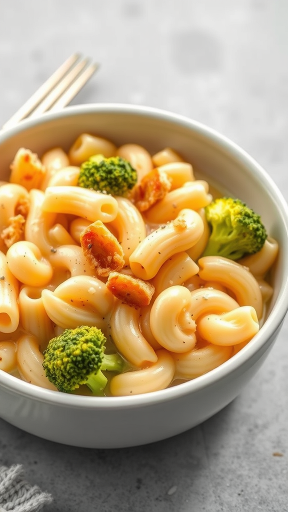 Bowl of cheesy broccoli macaroni with macaroni pasta, broccoli florets, and crispy topping