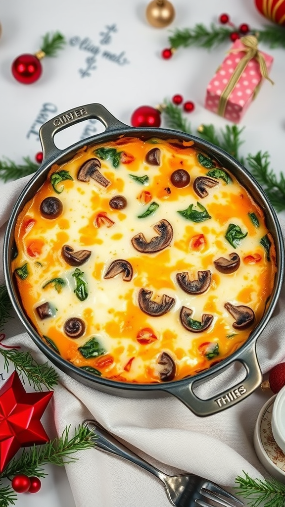 Breakfast casseroles. Cheesy Spinach and Mushroom Bake with a festive background