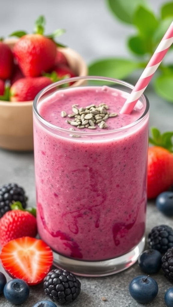 A vibrant pink smoothie topped with seeds, surrounded by fresh strawberries, blueberries, and blackberries.