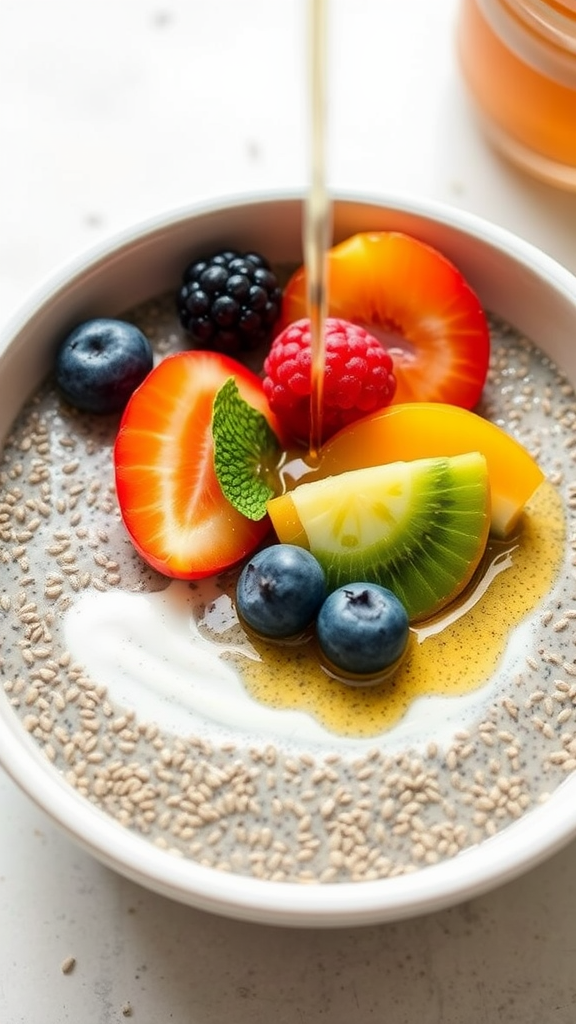 A chia seed fruit bowl topped with various fruits and a drizzle of honey.