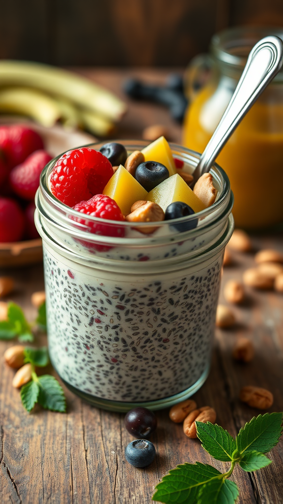 Chia seed pudding with fruits in a jar, surrounded by nuts and fresh greens