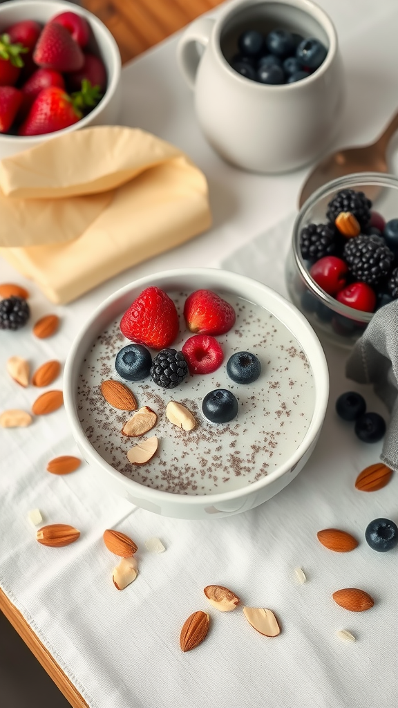 Chia seed pudding with berries and almonds on a table