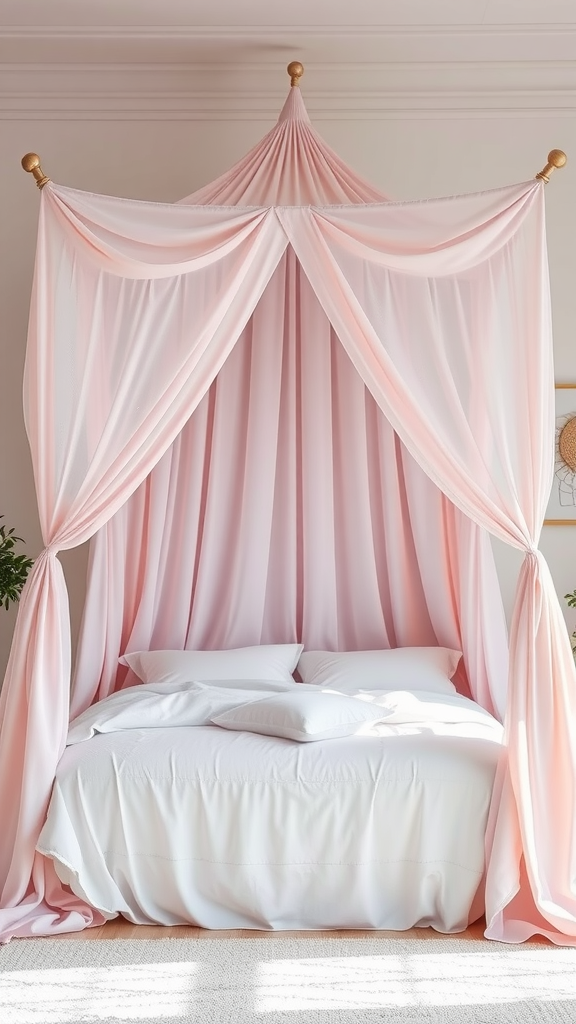 Chic pink canopy bed with flowing drapes and white bedding