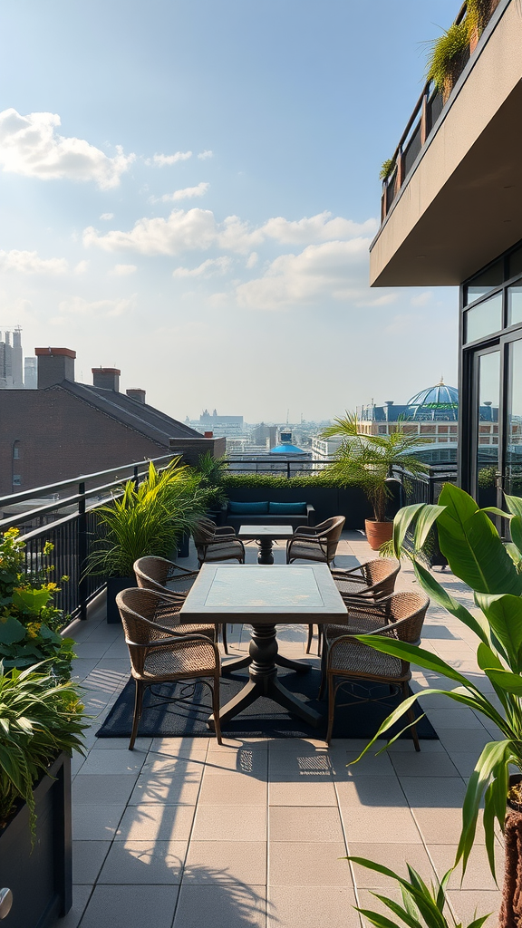 A chic urban rooftop garden with a dining table and chairs, surrounded by plants and city views.