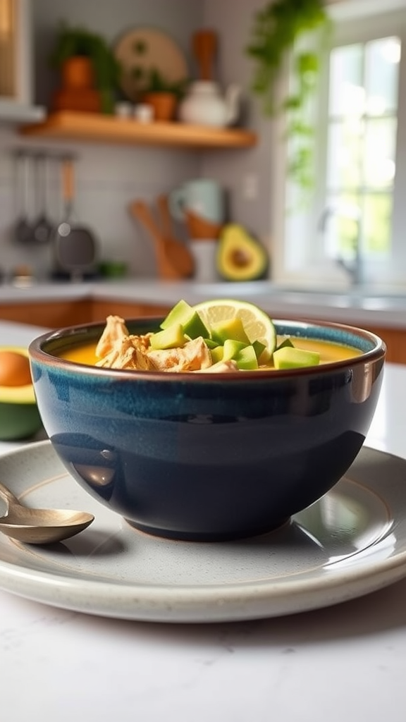 A bowl of chicken avocado soup with lime and green toppings on a table