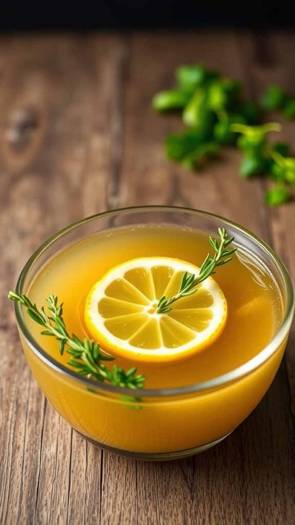 A glass mug filled with chicken bone broth, garnished with lemon slices and fresh herbs, surrounded by lemon halves and herbs on a wooden surface.