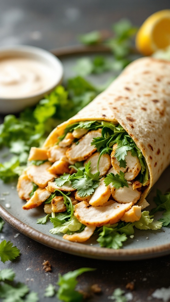 A delicious chicken Caesar wrap filled with grilled chicken and fresh greens, served with a side of dressing.