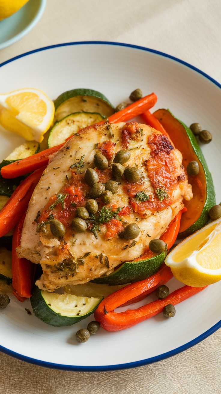 Delicious Chicken Piccata served with capers and vegetables