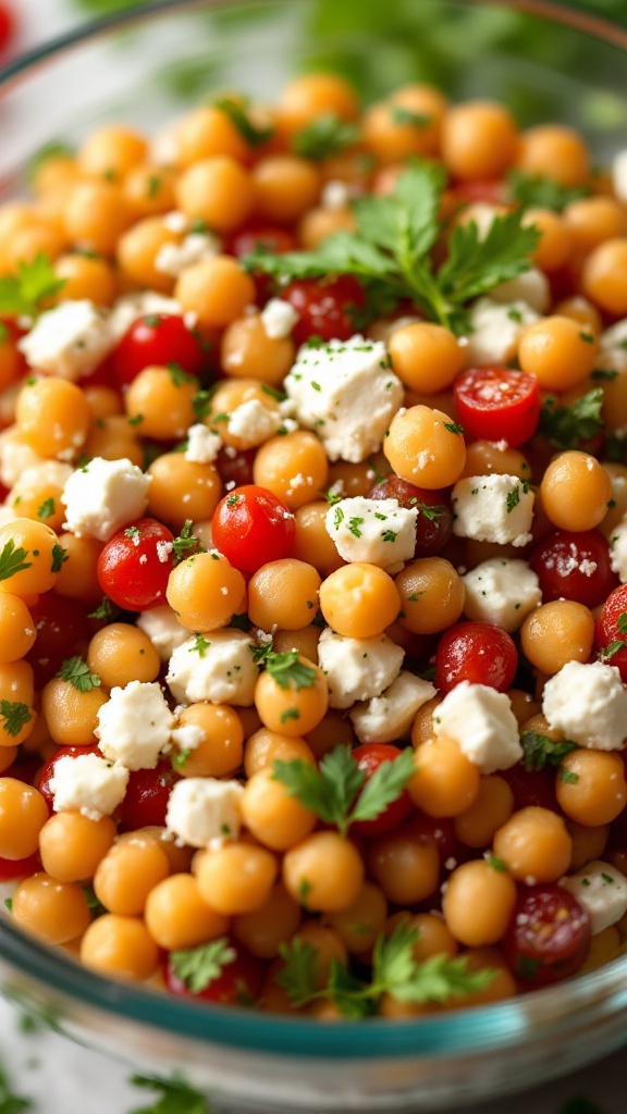 A colorful chickpea and feta salad with cherry tomatoes and parsley.