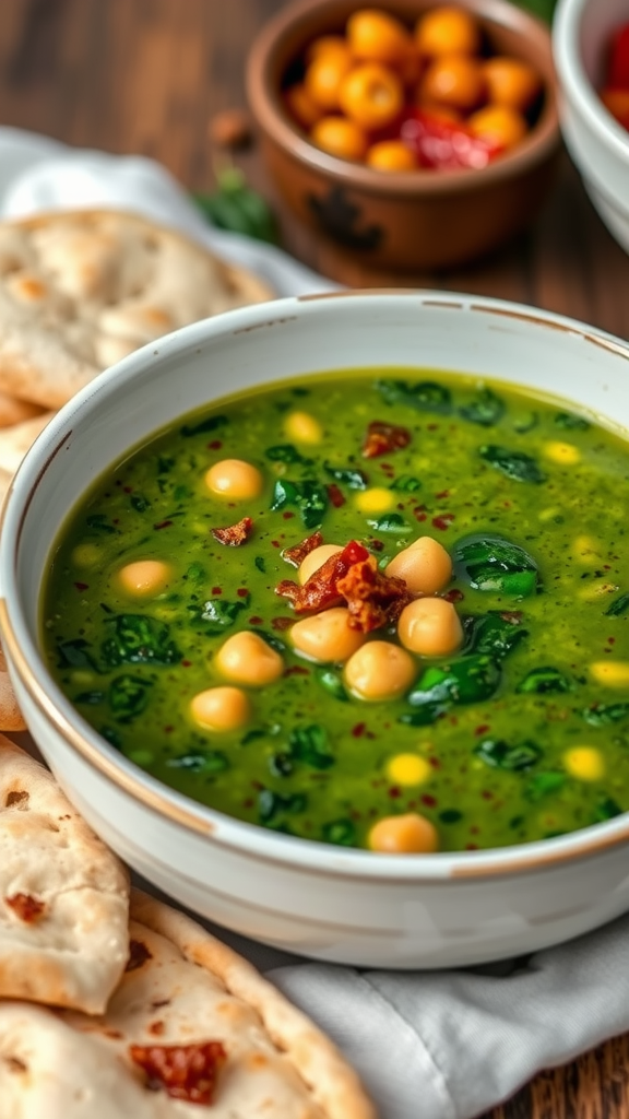 A bowl of chickpea and spinach soup garnished with spices, alongside pieces of flatbread.