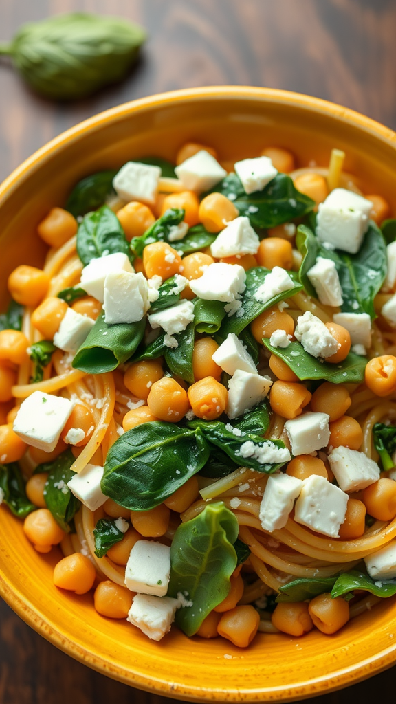 A bowl of chickpea pasta with spinach and feta cheese, showcasing a vibrant and healthy dinner option.