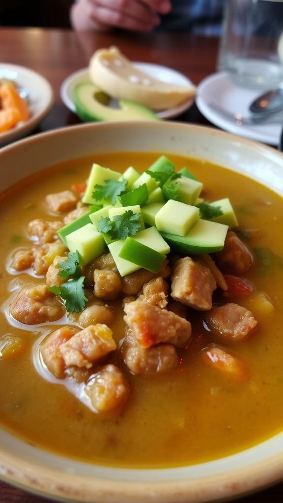 A bowl of chili verde with pork, garnished with diced avocado and cilantro.