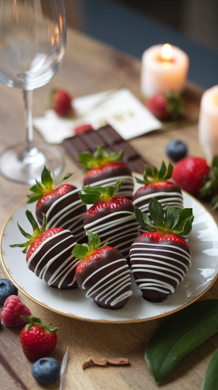 Delicious chocolate-covered strawberries arranged on a plate, showcasing a decorative drizzle of white chocolate.