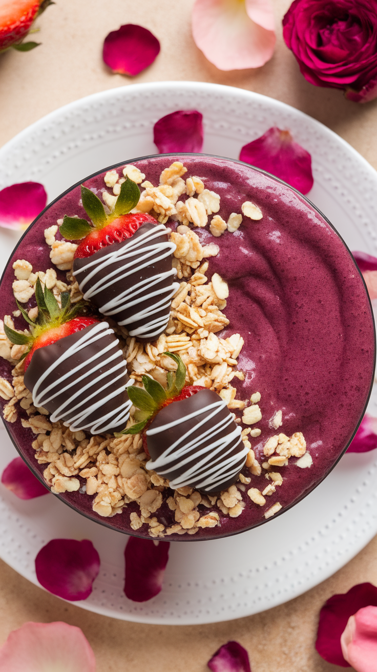 A delicious Valentine's Day breakfast recipes featuring a chocolate-covered strawberry smoothie bowl topped with granola and decorated with chocolate-covered strawberries.