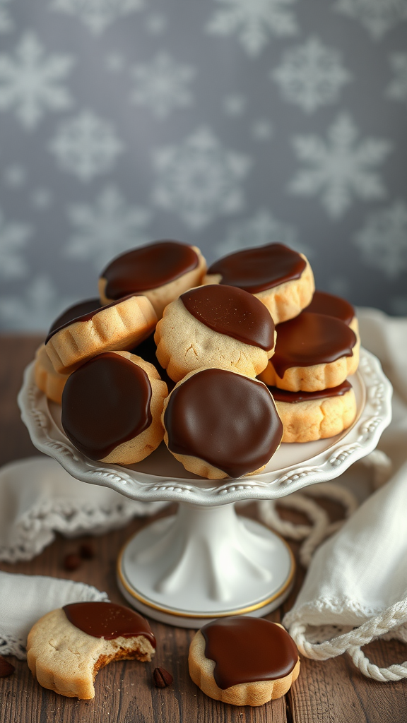 A plate of chocolate-dipped shortbread cookies with a festive background.