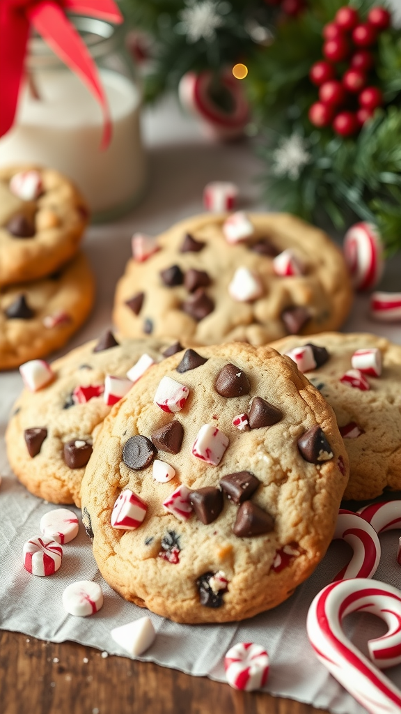 Plate of chocolate chip peppermint cookies decorated with peppermint pieces and surrounded by holiday decorations