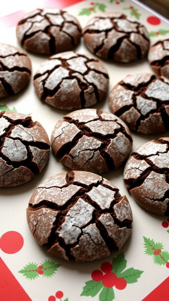 Chocolate crinkle cookies on a festive tray