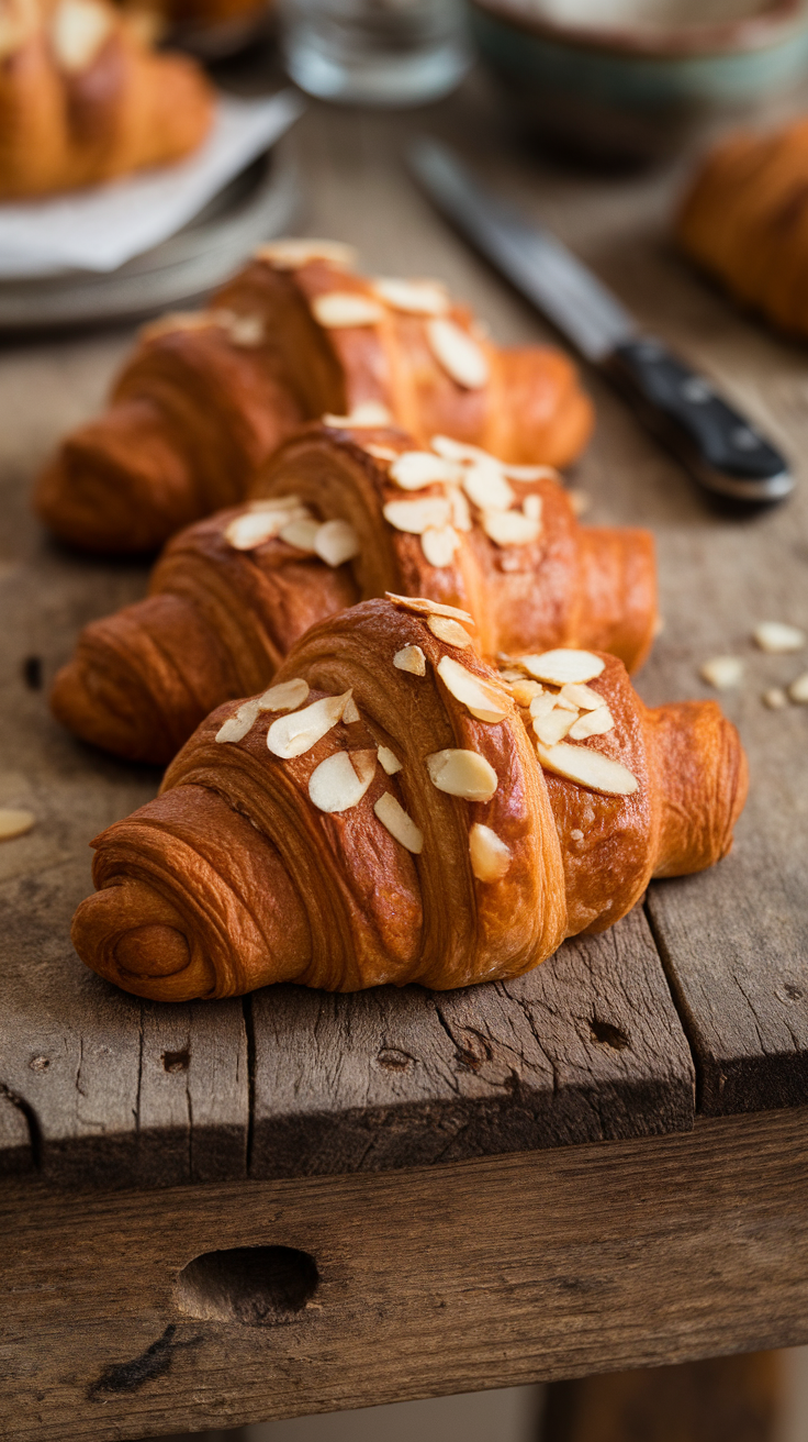 Chocolate croissants with almond slices on a wooden table.