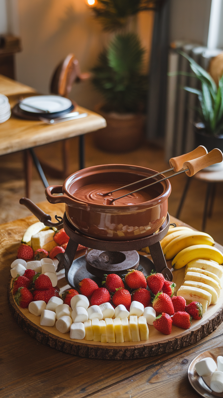 A pot of chocolate fondue surrounded by fresh fruits and marshmallows on a wooden platter.