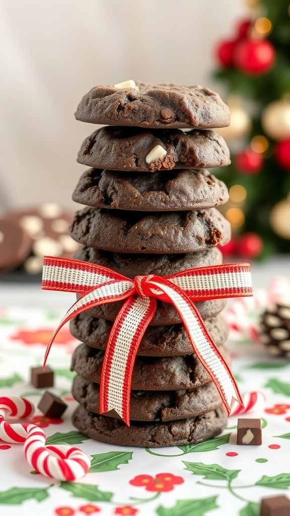 A stack of chocolate mint cookies tied with a red and white ribbon, surrounded by candy canes and holiday decorations.