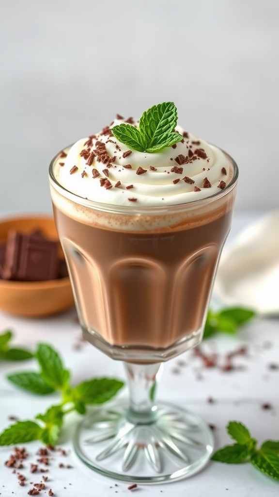 A refreshing chocolate mint mocktail topped with whipped cream and mint leaves, served in a glass.