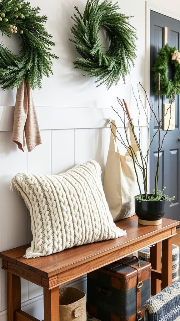 A cozy entryway featuring a chunky knit pillow on a wooden bench, surrounded by green wreaths and a plant.