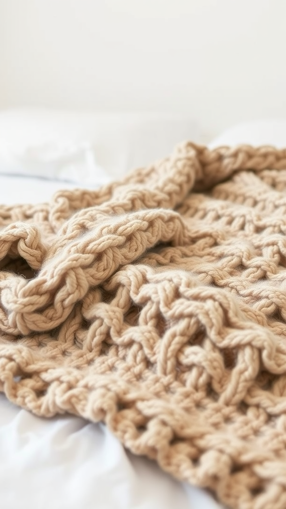 A chunky knit throw blanket in a soft beige color draped over a bed