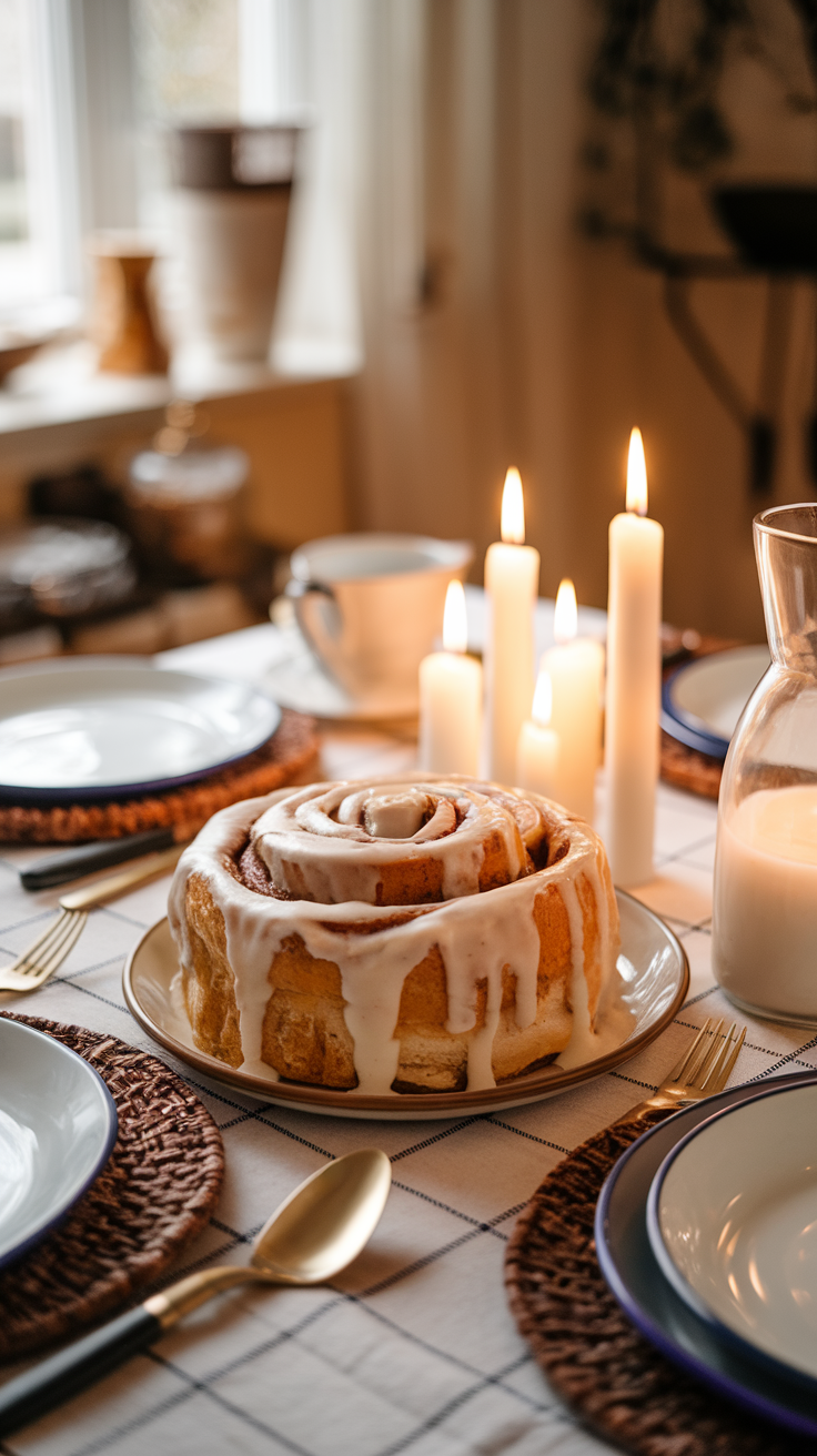 A delicious cinnamon roll bake topped with cream cheese frosting, served on a table with candles and plates.