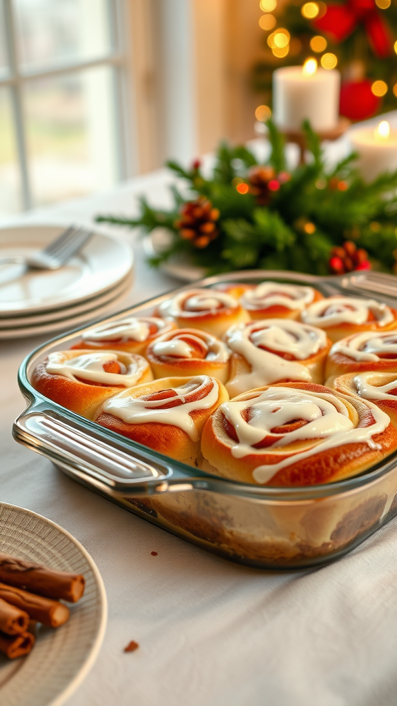 A delicious cinnamon roll casserole topped with cream cheese frosting, surrounded by festive decorations.