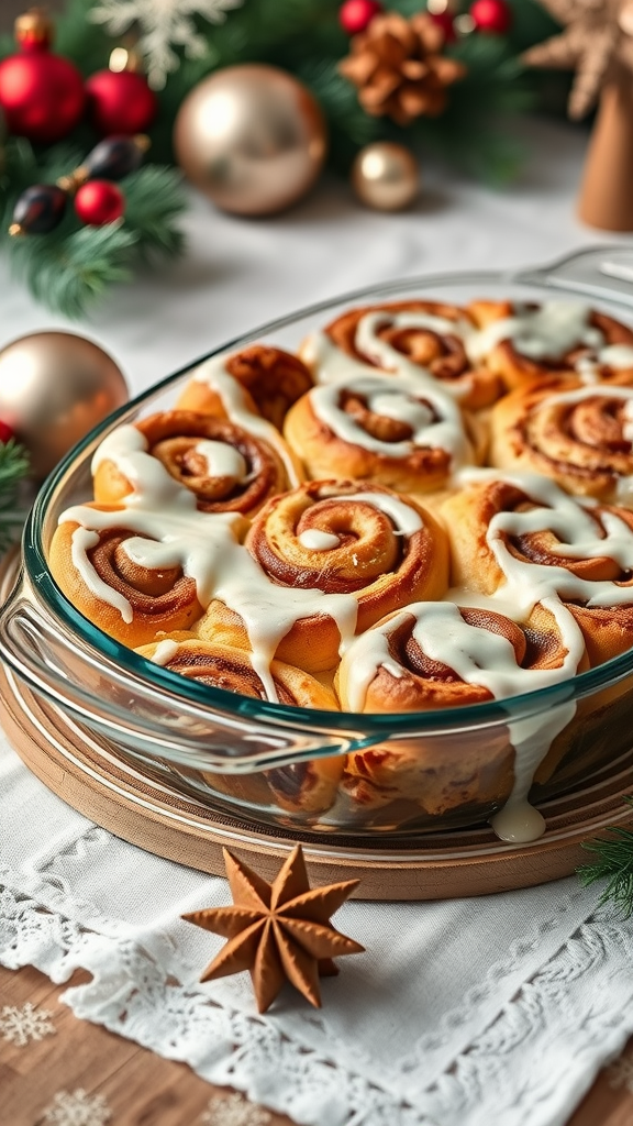 A delicious cinnamon roll casserole topped with cream cheese frosting, surrounded by festive holiday decorations.