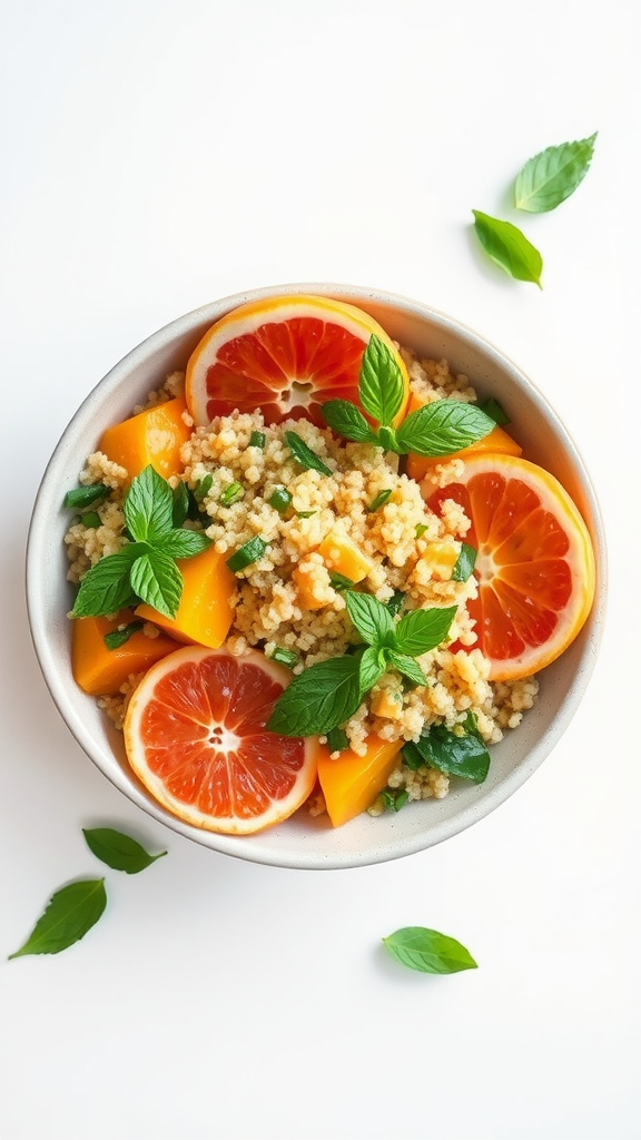 A bowl of quinoa salad topped with slices of orange and red citrus fruits, garnished with fresh basil leaves.