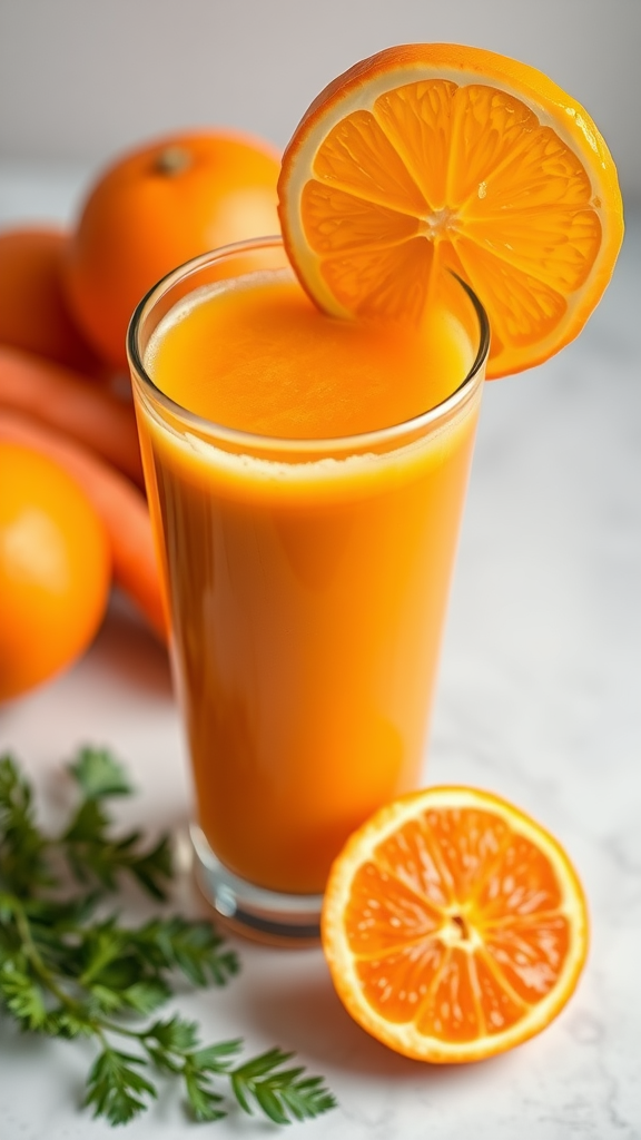 A glass of orange juice garnished with a slice of orange, with fresh oranges and carrots in the background.