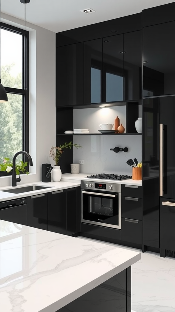 A modern kitchen featuring black cabinets and white marble countertops