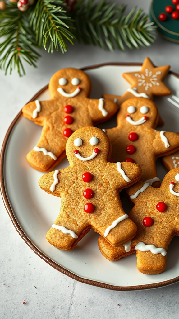 Plate of decorated gingerbread men cookies with festive icing and red candies