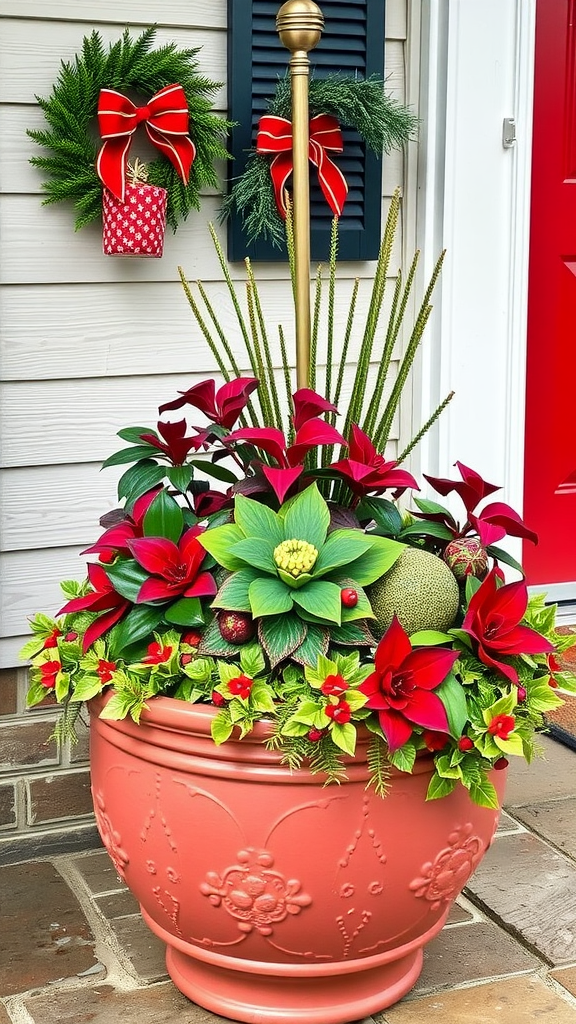 A beautifully arranged holiday planter featuring red and green flowers with festive decorations.