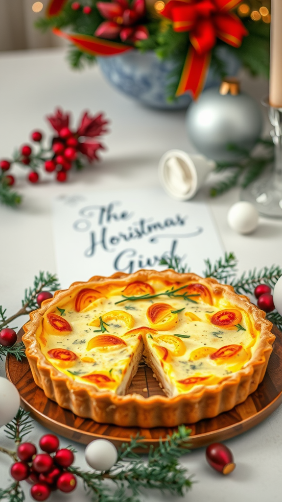 A beautifully baked Quiche Lorraine garnished with colorful vegetables, surrounded by festive Christmas decorations.