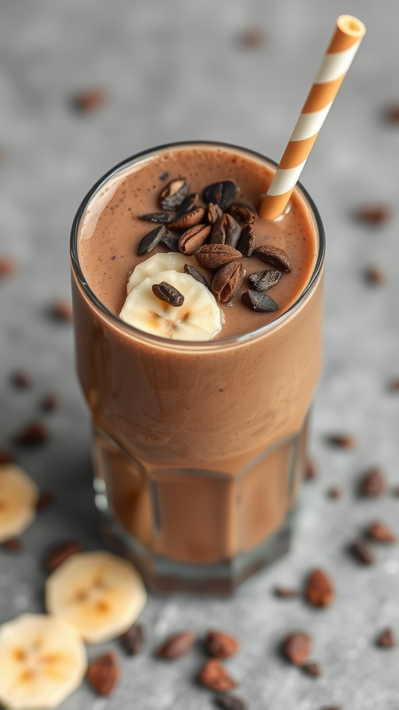 A delicious cocoa banana smoothie topped with banana slices and coffee beans in a tall glass with a straw.