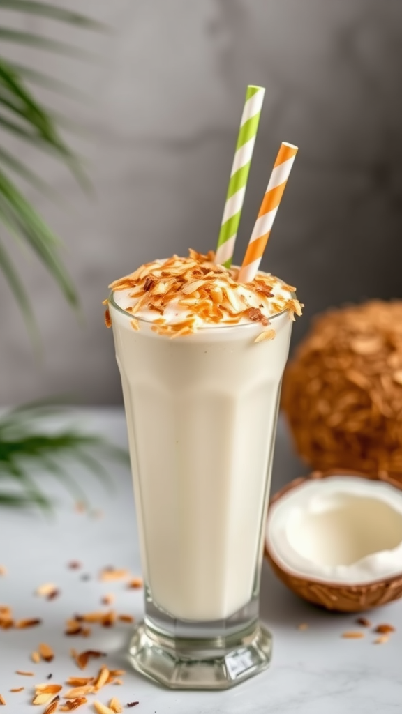 A refreshing Coconut Cream Mocktail topped with toasted coconut flakes in a tall glass with a striped straw.