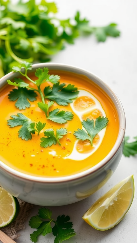 A bowl of coconut curry vegetable soup garnished with lime, cilantro, and chili peppers.