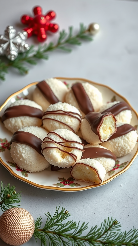 A plate of coconut macaroons dipped in chocolate, decorated with holiday ornaments and greenery.