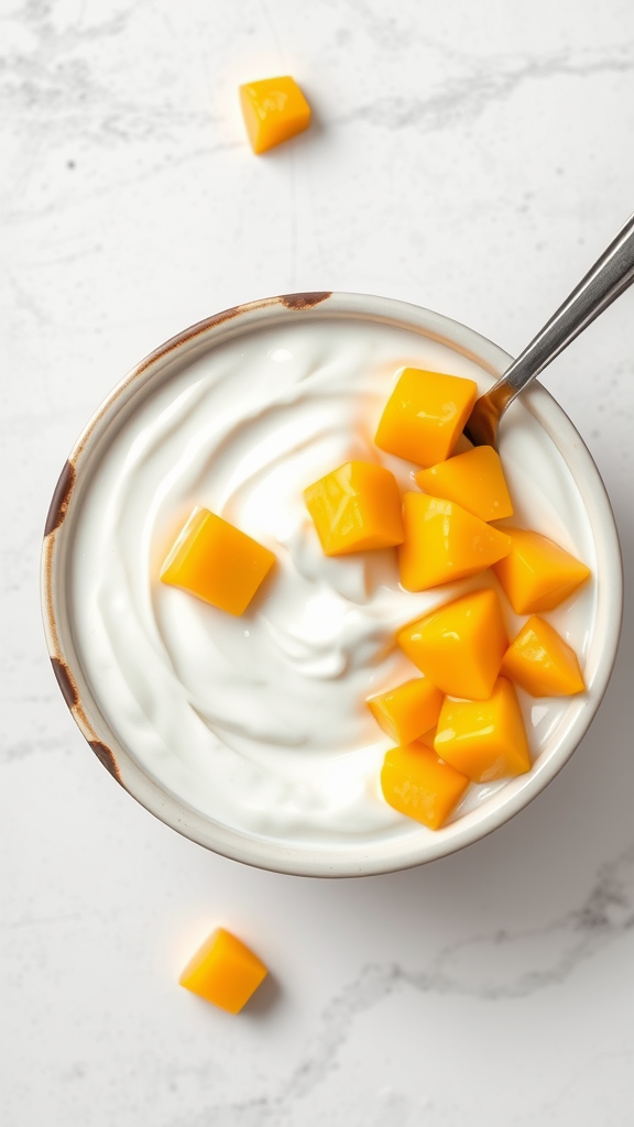 A bowl of coconut yogurt topped with diced mango, with coconut halves in the background.