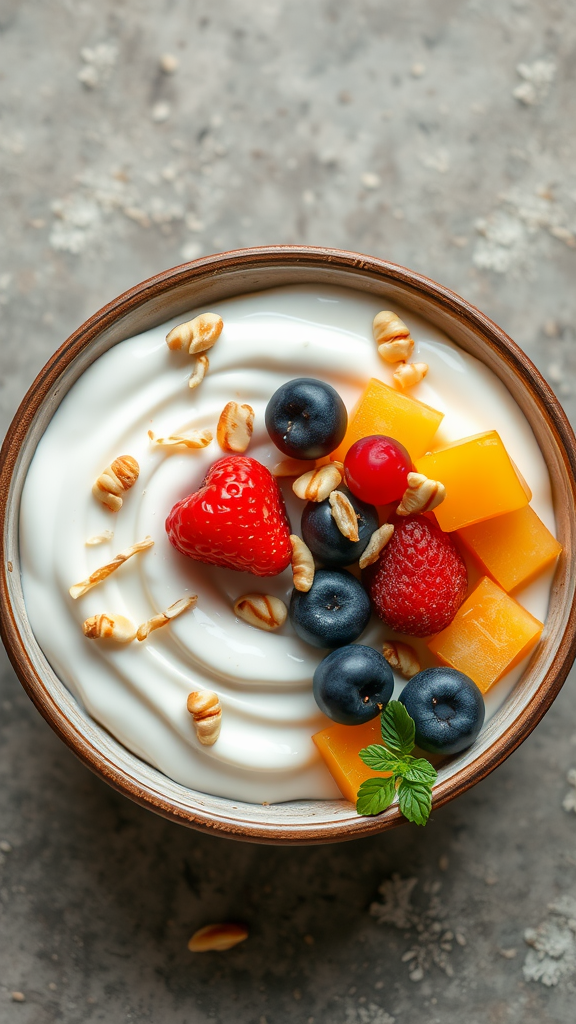 A bowl of coconut yogurt topped with fresh fruit, including berries and mango, with a sprinkle of granola.