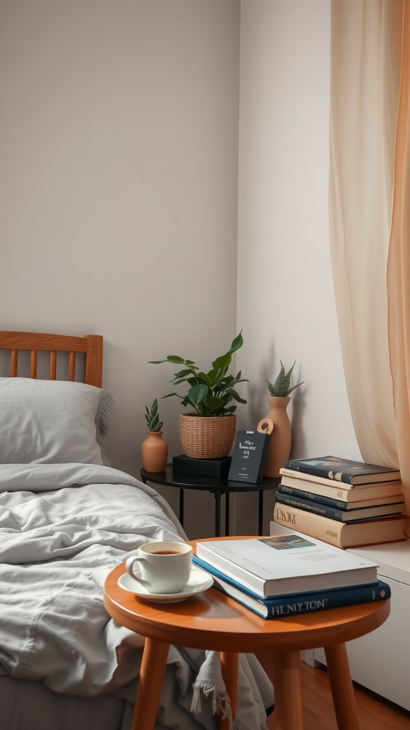 Cozy bedroom corner with a cup of coffee, stacked books, and plants.