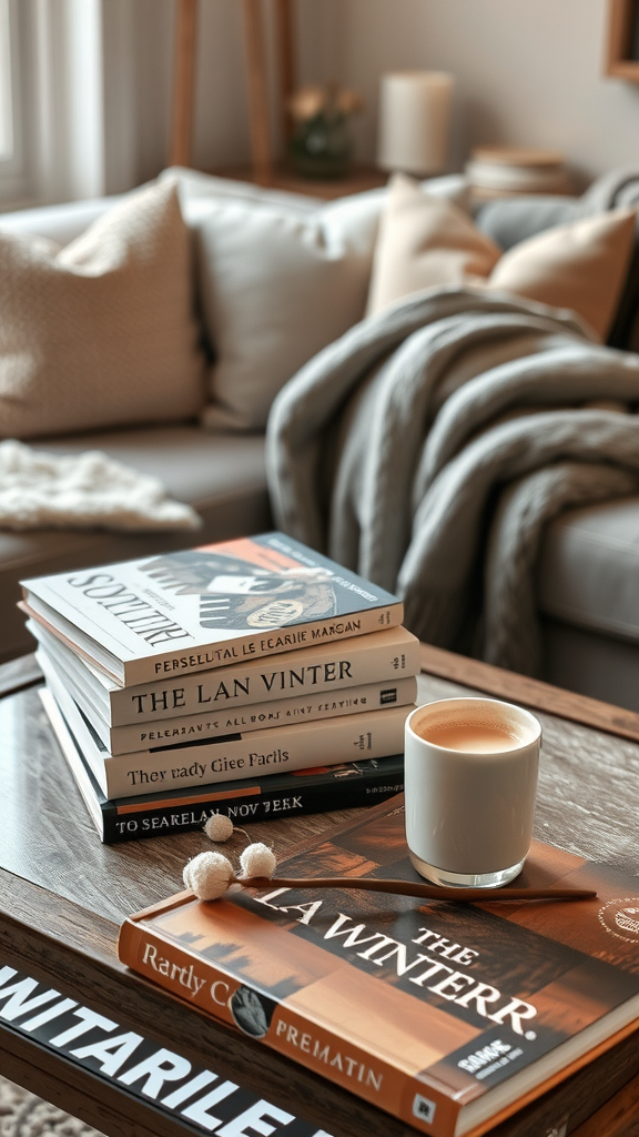 Cozy coffee table with winter-themed books, a warm drink, and decorative elements.