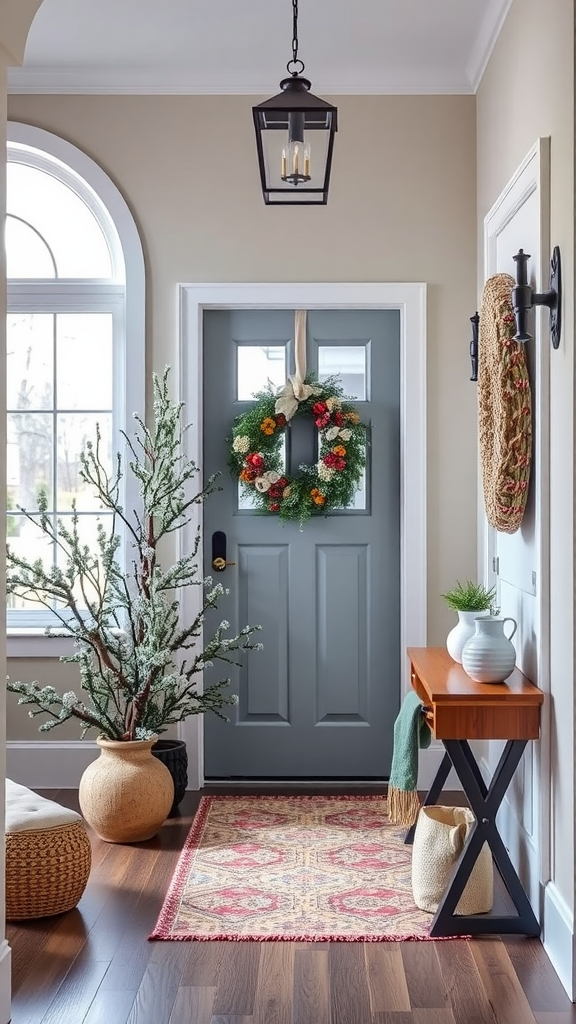 A welcoming entryway featuring a gray door with a colorful wreath, a patterned rug, plants, and elegant lighting.