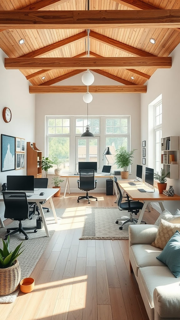 A spacious, bright home office with wooden beams, multiple desks, and plants, designed for collaboration.