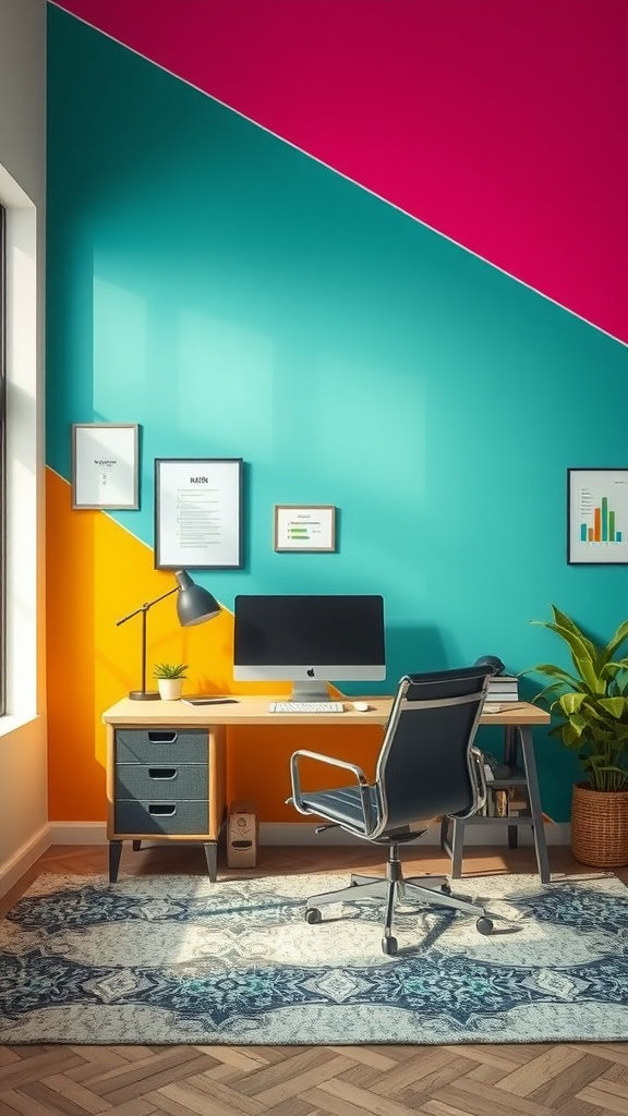 A colorful home office with teal, pink, and orange accent walls, featuring a modern desk and chair, computer, and a plant.