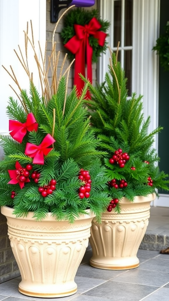 Colorful ceramic planters with holiday greens and red bows on a doorstep.